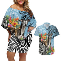 Polynesian Greyhound Couples Matching Off Shoulder Short Dress and Hawaiian Shirt Polynesian Pattern And Greyhound TS04 Cyan - Polynesian Pride