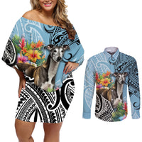 Polynesian Greyhound Couples Matching Off Shoulder Short Dress and Long Sleeve Button Shirts Polynesian Pattern And Greyhound TS04 Cyan - Polynesian Pride