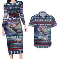 Tonga Christmas Couples Matching Long Sleeve Bodycon Dress and Hawaiian Shirt with Singing Whale Ocean Scene National Coat of Arms - Polynesian Pride