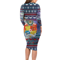 Tonga Christmas Long Sleeve Bodycon Dress with Singing Whale Ocean Scene National Coat of Arms - Polynesian Pride