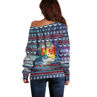 Tonga Christmas Off Shoulder Sweater with Singing Whale Ocean Scene National Coat of Arms - Polynesian Pride