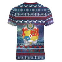 Tonga Christmas Women V-Neck T-Shirt with Singing Whale Ocean Scene National Coat of Arms - Polynesian Pride