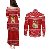 Tonga Christmas Couples Matching Puletasi and Long Sleeve Button Shirt with Sea Turtle Coral Reef Design Snowflake Pattern and National Emblem - Polynesian Pride