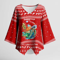 Tonga Christmas Kimono Sleeve Blouse with Sea Turtle Coral Reef Design Snowflake Pattern and National Emblem - Polynesian Pride