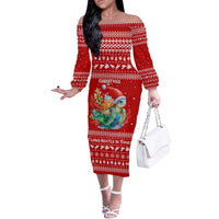 Tonga Christmas Off The Shoulder Long Sleeve Dress with Sea Turtle Coral Reef Design Snowflake Pattern and National Emblem - Polynesian Pride