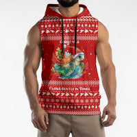 Tonga Christmas Sleeveless Hoodie with Sea Turtle Coral Reef Design Snowflake Pattern and National Emblem - Polynesian Pride