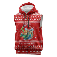 Tonga Christmas Sleeveless Zip Hoodie with Sea Turtle Coral Reef Design Snowflake Pattern and National Emblem TS04 Red White - Polynesian Pride