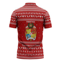 Tonga Christmas Zipper Polo Shirt with Sea Turtle Coral Reef Design Snowflake Pattern and National Emblem - Polynesian Pride