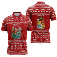 Tonga Christmas Zipper Polo Shirt with Sea Turtle Coral Reef Design Snowflake Pattern and National Emblem - Polynesian Pride