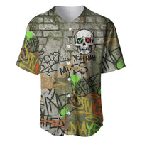Yeah Nah Graffiti Skull New Zealand Slang Baseball Jersey Kiwi Grunge Brick Wall and Bold Urban Street Art