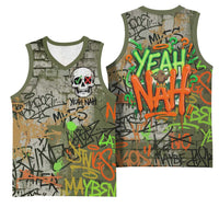 Yeah Nah Graffiti Skull New Zealand Slang Basketball Jersey Kiwi Grunge Brick Wall and Bold Urban Street Art