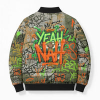 Yeah Nah Graffiti Skull New Zealand Slang Bomber Puffer Jacket Kiwi Grunge Brick Wall and Bold Urban Street Art