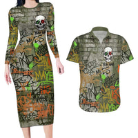 Yeah Nah Graffiti Skull New Zealand Slang Couples Matching Long Sleeve Bodycon Dress and Hawaiian Shirt Kiwi Grunge Brick Wall and Bold Urban Street Art