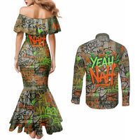 Yeah Nah Graffiti Skull New Zealand Slang Couples Matching Mermaid Dress and Long Sleeve Button Shirt Kiwi Grunge Brick Wall and Bold Urban Street Art