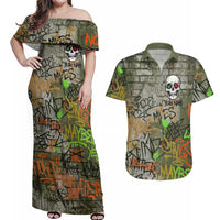 Yeah Nah Graffiti Skull New Zealand Slang Couples Matching Off Shoulder Maxi Dress and Hawaiian Shirt Kiwi Grunge Brick Wall and Bold Urban Street Art