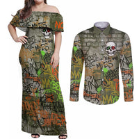 Yeah Nah Graffiti Skull New Zealand Slang Couples Matching Off Shoulder Maxi Dress and Long Sleeve Button Shirt Kiwi Grunge Brick Wall and Bold Urban Street Art