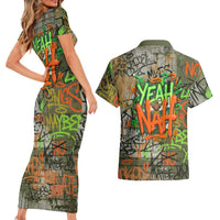 Yeah Nah Graffiti Skull New Zealand Slang Couples Matching Short Sleeve Bodycon Dress and Hawaiian Shirt Kiwi Grunge Brick Wall and Bold Urban Street Art