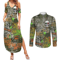 Yeah Nah Graffiti Skull New Zealand Slang Couples Matching Summer Maxi Dress and Long Sleeve Button Shirt Kiwi Grunge Brick Wall and Bold Urban Street Art