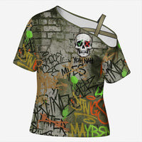 Yeah Nah Graffiti Skull New Zealand Slang Cross Shoulder Shirt Kiwi Grunge Brick Wall and Bold Urban Street Art