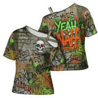 Yeah Nah Graffiti Skull New Zealand Slang Cross Shoulder Shirt Kiwi Grunge Brick Wall and Bold Urban Street Art