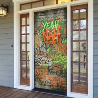 Yeah Nah Graffiti Skull New Zealand Slang Door Cover Kiwi Grunge Brick Wall and Bold Urban Street Art