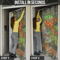 Yeah Nah Graffiti Skull New Zealand Slang Door Cover Kiwi Grunge Brick Wall and Bold Urban Street Art