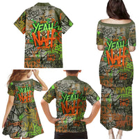 Yeah Nah Graffiti Skull New Zealand Slang Family Matching Puletasi and Hawaiian Shirt Kiwi Grunge Brick Wall and Bold Urban Street Art