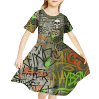 Yeah Nah Graffiti Skull New Zealand Slang Kid Short Sleeve Dress Kiwi Grunge Brick Wall and Bold Urban Street Art