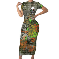 Yeah Nah Graffiti Skull New Zealand Slang Short Sleeve Bodycon Dress Kiwi Grunge Brick Wall and Bold Urban Street Art