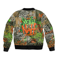 Yeah Nah Graffiti Skull New Zealand Slang Sleeve Zip Bomber Jacket Kiwi Grunge Brick Wall and Bold Urban Street Art