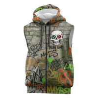 Yeah Nah Graffiti Skull New Zealand Slang Sleeveless Zip Hoodie Kiwi Grunge Brick Wall and Bold Urban Street Art