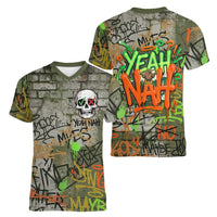 Yeah Nah Graffiti Skull New Zealand Slang Women V-Neck T-Shirt Kiwi Grunge Brick Wall and Bold Urban Street Art
