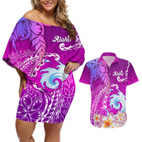 Hawaii Plumeria Flower Couples Matching Off Shoulder Short Dress and Hawaiian Shirt Plumeria FLowers And Polynesian Pattern TS04 Gradient - Polynesian Pride