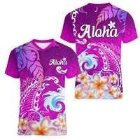 Hawaii Plumeria Flower Women V Neck T Shirt Plumeria FLowers And Polynesian Pattern TS04 - Polynesian Pride