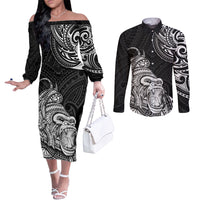 Hawaii Polynesian Couples Matching Off The Shoulder Long Sleeve Dress and Long Sleeve Button Shirts Gorila Tatoo Polynesian Style TS04 Black - Polynesian Pride
