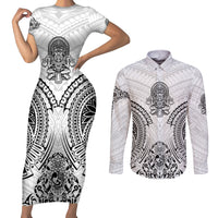 Hawaii Polynesian Couples Matching Short Sleeve Bodycon Dress and Long Sleeve Button Shirts Warrior symbol TS04 White - Polynesian Pride