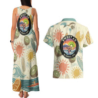 NZ Slang Sweet As Kiwi Shaka Sign Couples Matching Tank Maxi Dress and Hawaiian Shirt New Zealand Surfboards Sun and Tropical Beach Retro