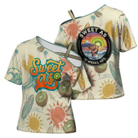 NZ Slang Sweet As Kiwi Shaka Sign Cross Shoulder Shirt New Zealand Surfboards Sun and Tropical Beach Retro
