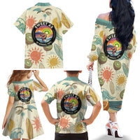 NZ Slang Sweet As Kiwi Shaka Sign Family Matching Off The Shoulder Long Sleeve Dress and Hawaiian Shirt New Zealand Surfboards Sun and Tropical Beach Retro