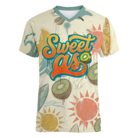 NZ Slang Sweet As Kiwi Shaka Sign Women V-Neck T-Shirt New Zealand Surfboards Sun and Tropical Beach Retro