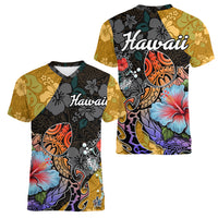 Hawaii Polynesian Women V Neck T Shirt Turtles and Hibiscus Flower Gradient Pattern TS04 - Polynesian Pride