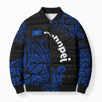 Pohnpei Federated States Of Micronesia Bomber Puffer Jacket Polynesian Tribal Heritage Art With Blue Island Tattoo Patterns