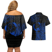 Pohnpei Federated States Of Micronesia Couples Matching Off Shoulder Short Dress and Hawaiian Shirt Polynesian Tribal Heritage Art With Blue Island Tattoo Patterns