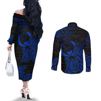 Pohnpei Federated States Of Micronesia Couples Matching Off The Shoulder Long Sleeve Dress and Long Sleeve Button Shirt Polynesian Tribal Heritage Art With Blue Island Tattoo Patterns