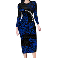 Pohnpei Federated States Of Micronesia Family Matching Long Sleeve Bodycon Dress and Hawaiian Shirt Polynesian Tribal Heritage Art With Blue Island Tattoo Patterns