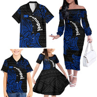Pohnpei Federated States Of Micronesia Family Matching Off The Shoulder Long Sleeve Dress and Hawaiian Shirt Polynesian Tribal Heritage Art With Blue Island Tattoo Patterns