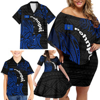Pohnpei Federated States Of Micronesia Family Matching Off Shoulder Short Dress and Hawaiian Shirt Polynesian Tribal Heritage Art With Blue Island Tattoo Patterns