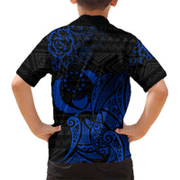 Pohnpei Federated States Of Micronesia Family Matching Tank Maxi Dress and Hawaiian Shirt Polynesian Tribal Heritage Art With Blue Island Tattoo Patterns