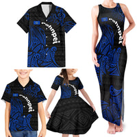 Pohnpei Federated States Of Micronesia Family Matching Tank Maxi Dress and Hawaiian Shirt Polynesian Tribal Heritage Art With Blue Island Tattoo Patterns