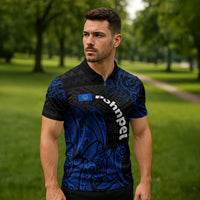 Pohnpei Federated States Of Micronesia Zipper Polo Shirt Polynesian Tribal Heritage Art With Blue Island Tattoo Patterns